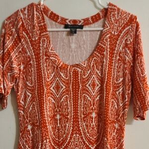 Karen Kane Boho Tunic Top Orange White Print Asymmetrical Hem Made in USA Women’